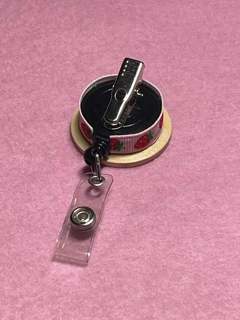 Handmade Wood Button Badge Reel with Strawberry design